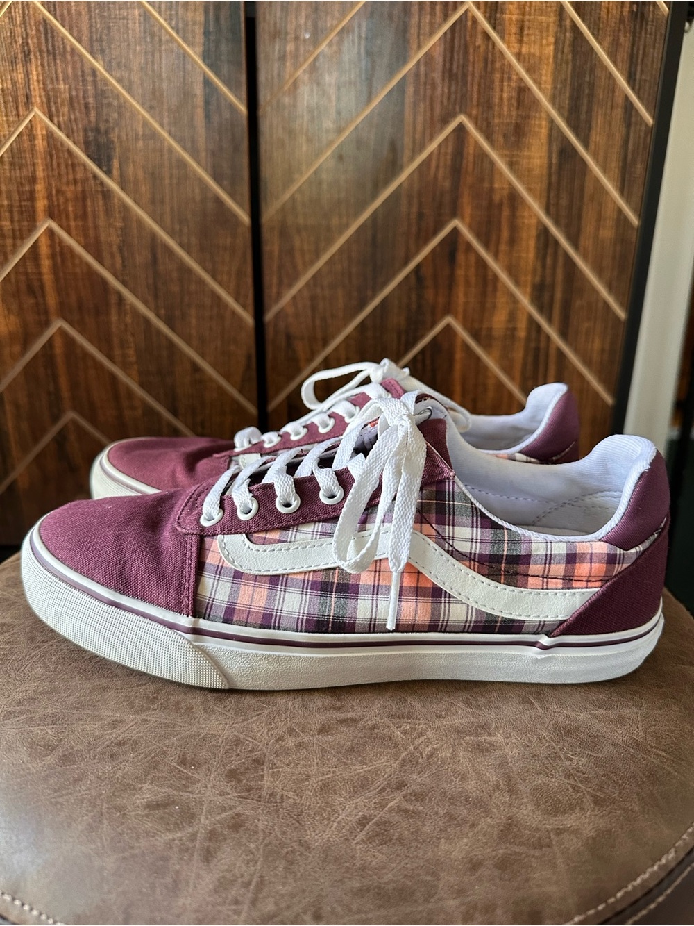 Vans Ortholite Burgundy and White Plaid Low-Top Sneakers